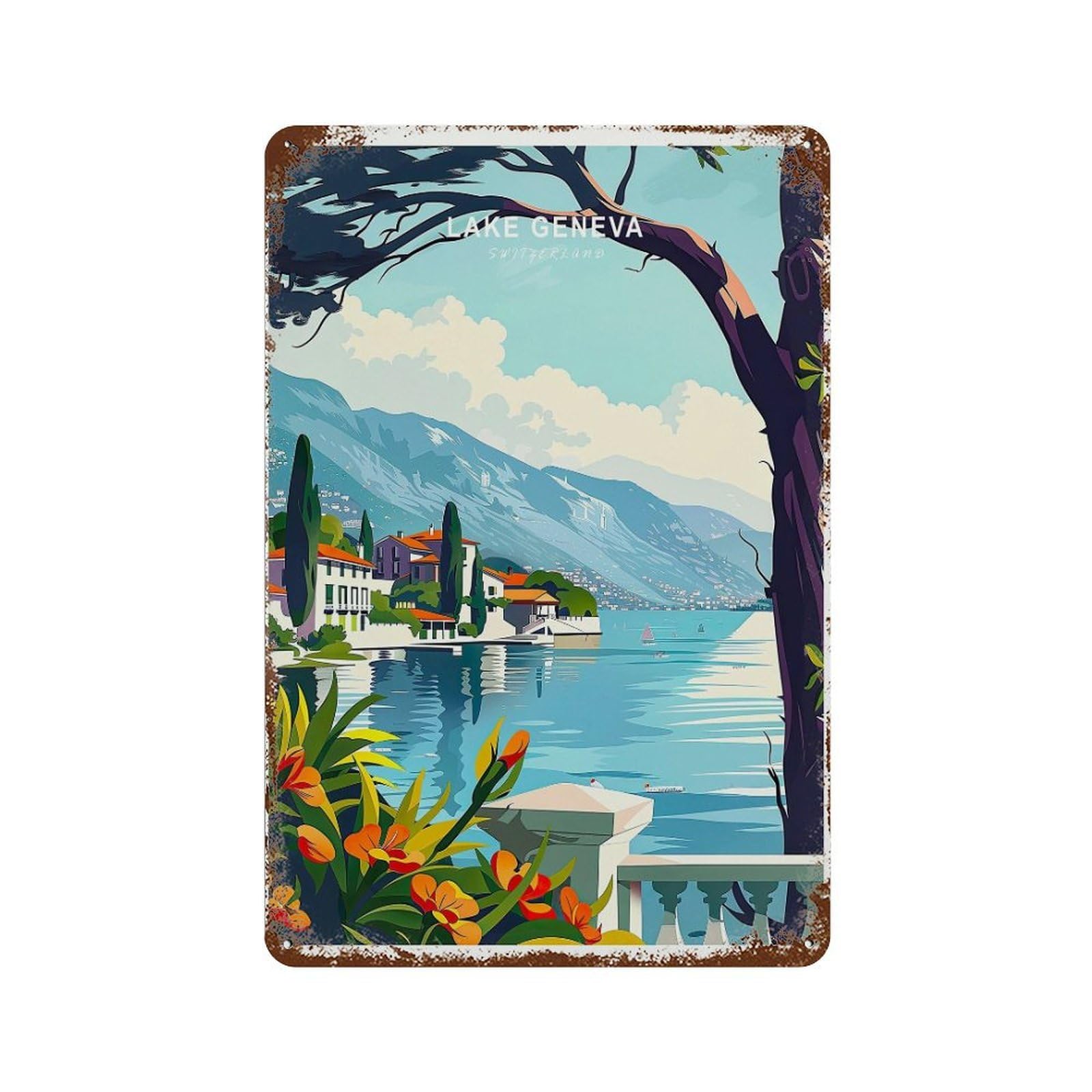 xiaoxiaoshen Lake Geneva Switzerland Travel Decor, Personalised Gifts Wall Decor Art Metal Tin Poster Modern Home Decor Art Home Bar Shop Decorations Vintage Sign 30x20cm