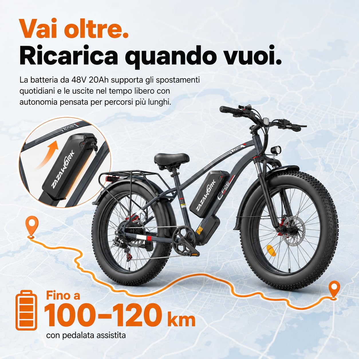 CF26 Bicicletta Elettrica Uomo 26x4.0 pollici Fatbike 48V20AH Batteria Rimovibile Mountain Bike Elettrica Pedalata Assistita 120Km Motore 250W 62Nm 7 velocità Adatto a tutti i terreni