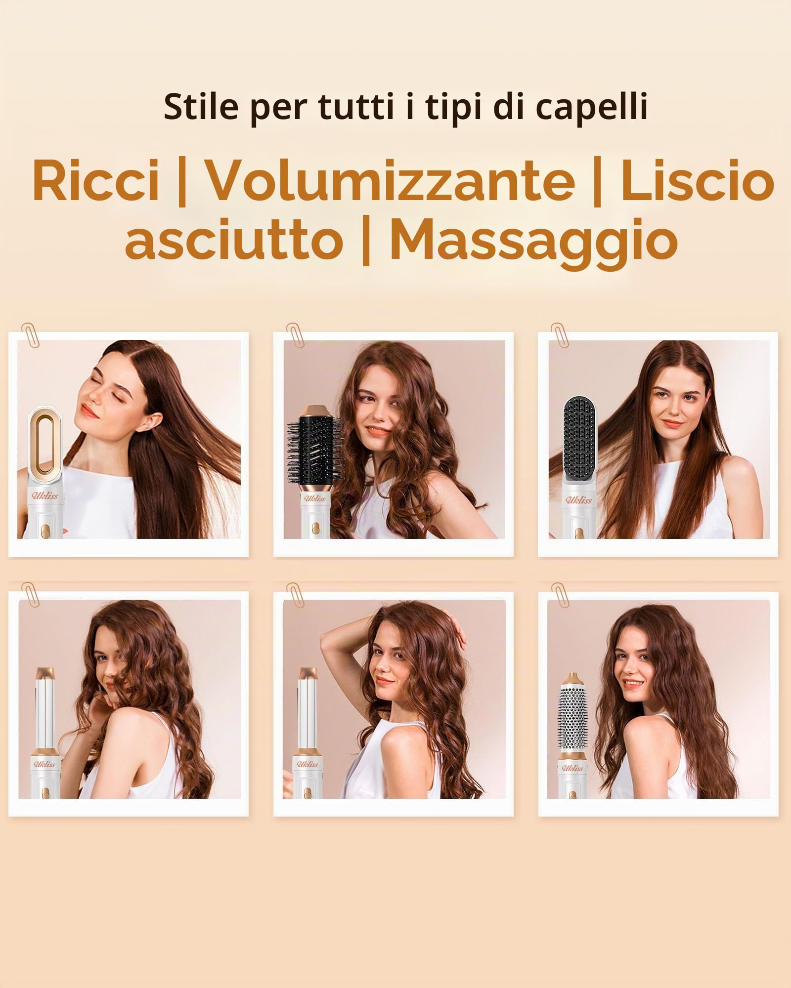 UKLISS 6 in 1 Airstyler, Spazzola Asciugacapelli con Airflow Arricciacapelli Automatico, Hair Dryer, Thermal Brush, Spazzola Lisciante, Spazzola ad Aria Calda, Regali Set per Donne Styling (Bianco)