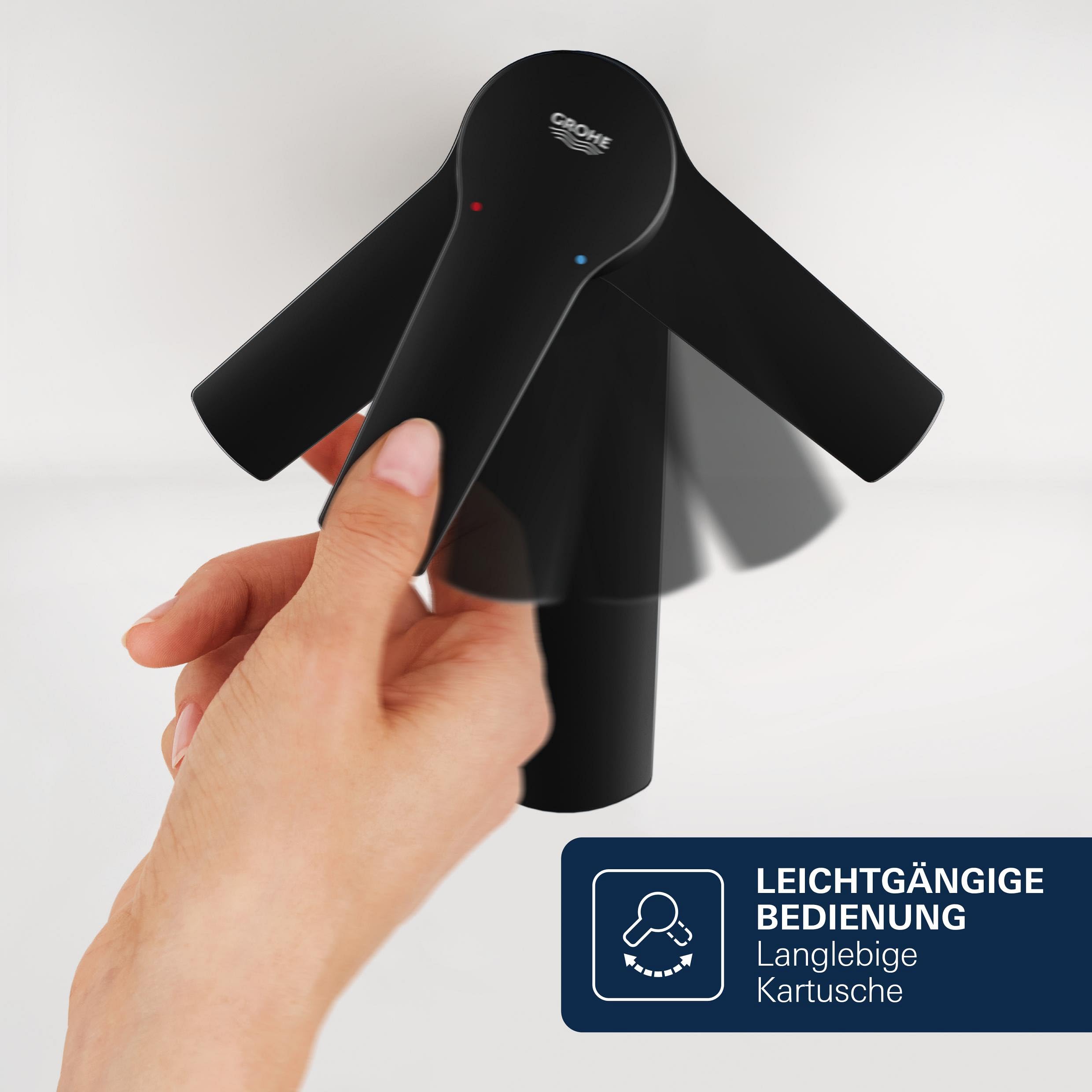 GROHE StartEdge, Waschtischarmatur 3,5l/min, wassersparend (Wasserhahn für das Bad, Badarmatur mit Zugstangen-Ablauf, 12cm hoch, mit 3in1 Werkzeug, einfache Installation), mattschwarz, 238982431