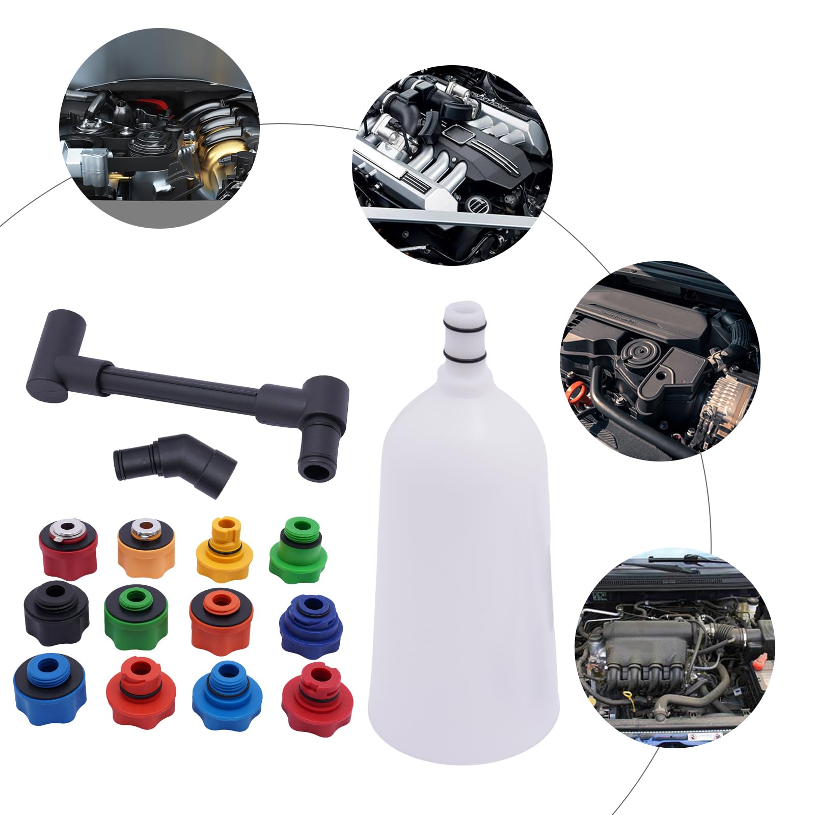 Juego de embudo de llenado de aceite, 2 litros, de plástico, con tubo de extensión giratorio de 24,5 cm y 12 adaptadores, kit universal para cambio de aceite en vehículos europeos y asiáticos