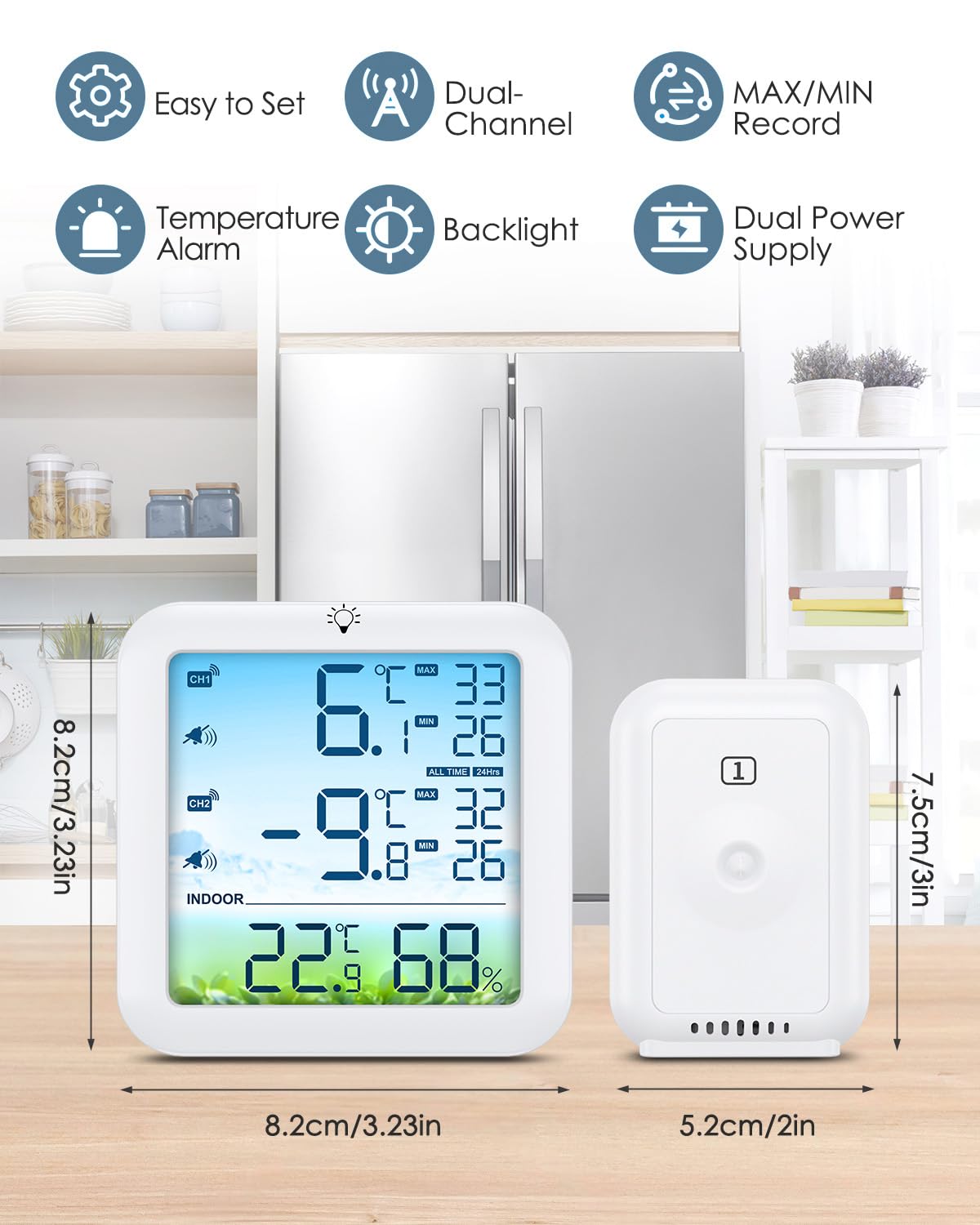 Digitale Kühlschrankthermometer,Temperaturalarm Farbbildschirm Anzeige mit 2 kabellosen Sensoren,℃/℉,MIN/MAX,Hausgebrauch Innen und Restaurant
