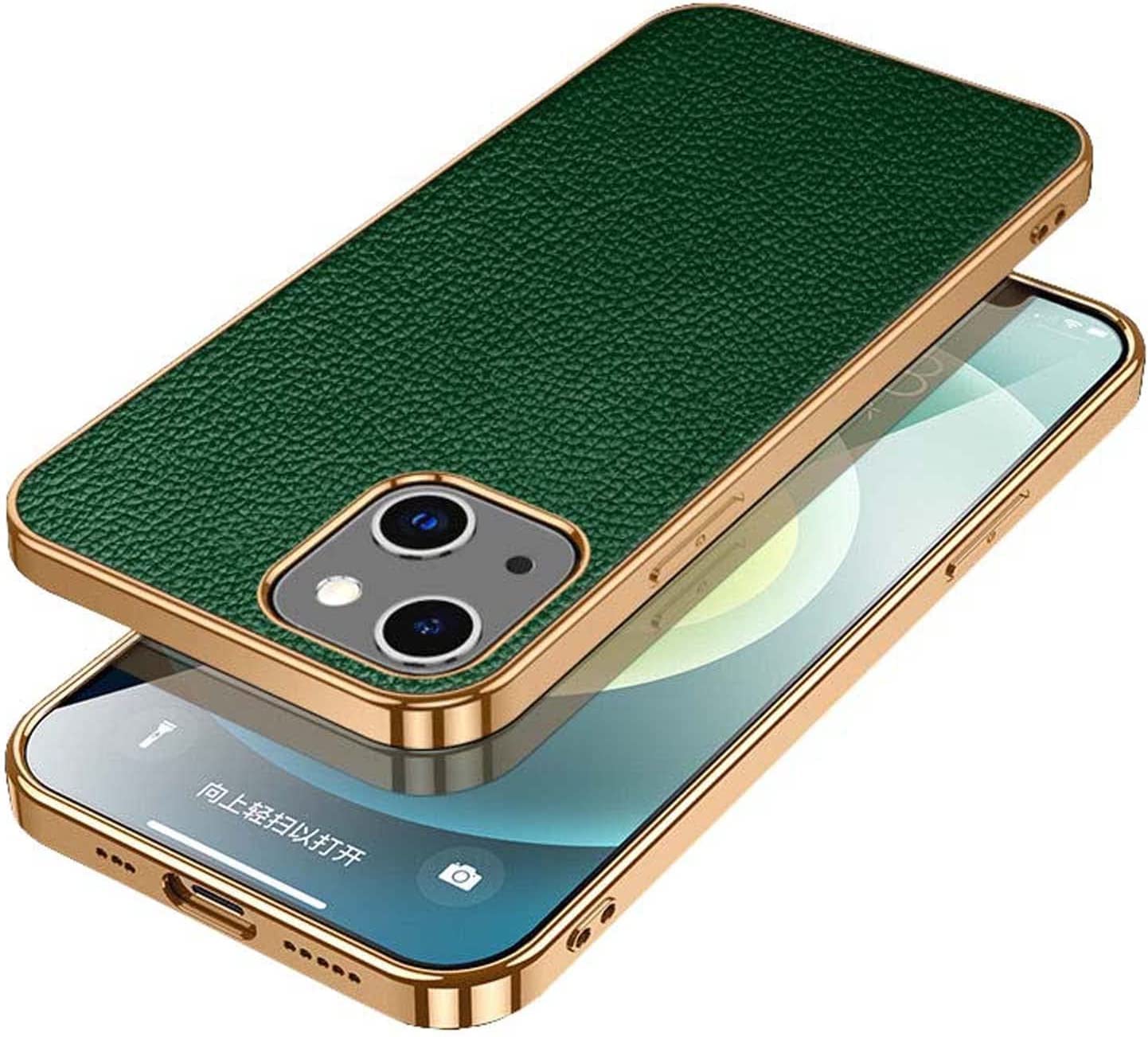Étui iPhone 14 cuir vert 6.1 pouces avec cadre doré - 8