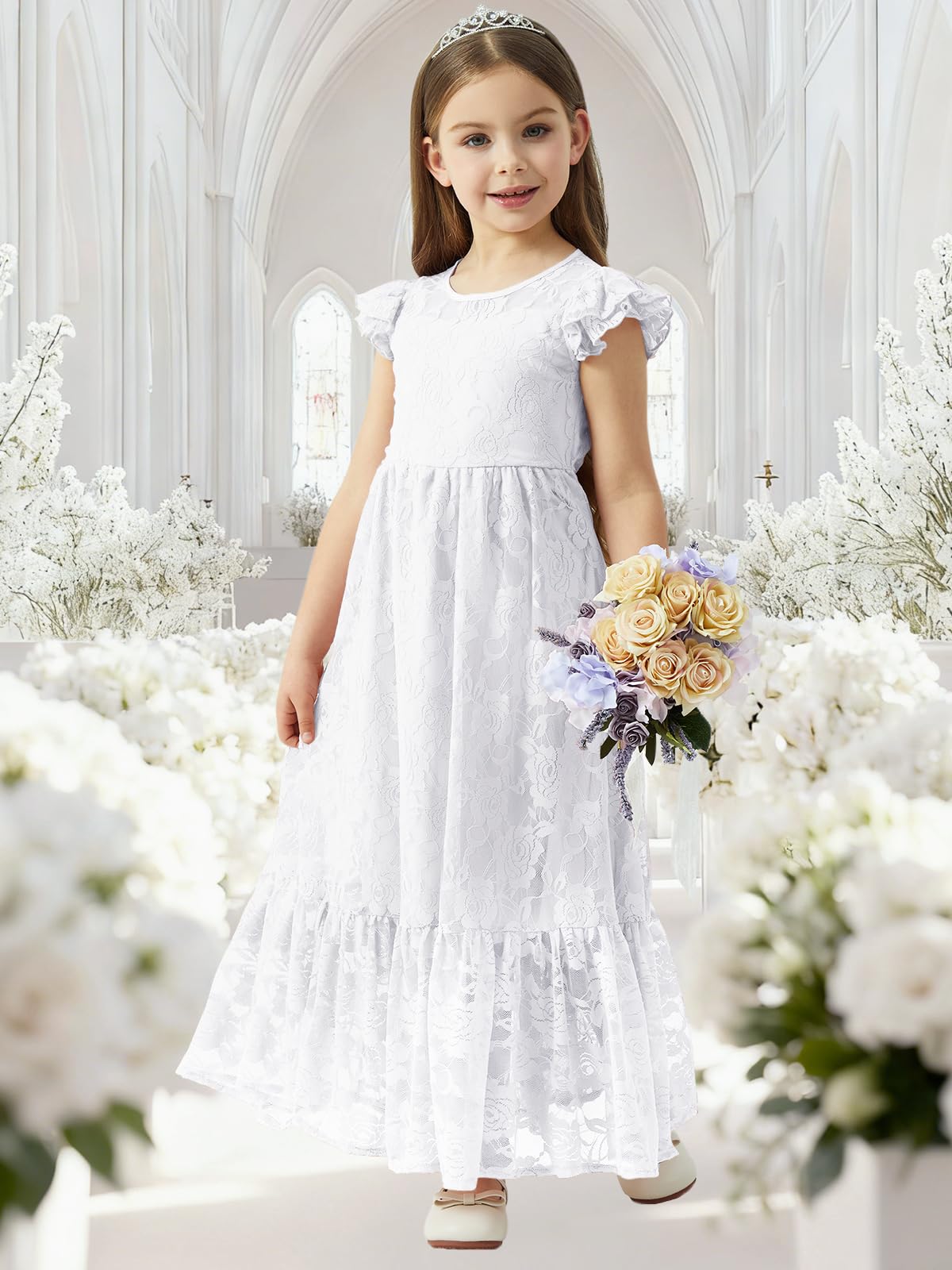 ALLOVIN Abito da Damigella in Pizzo a Maniche Lunghe per Pasqua per Bambine e Ragazze, Matrimonio, Battesimo, Prima Comunione, Maxi Boho Linea A 3-12 Anni
