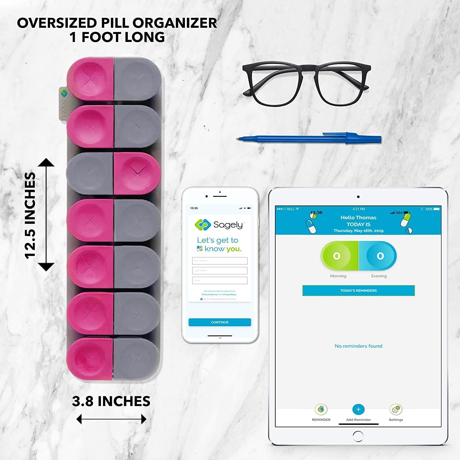 Sagely Smart XL - Pastillero semanal para 7 días 2 veces al día con aplicación de alarma de recordatorio gratuita (lo suficientemente grande como para adaptarse a aceite de pescado, aceite de hígado