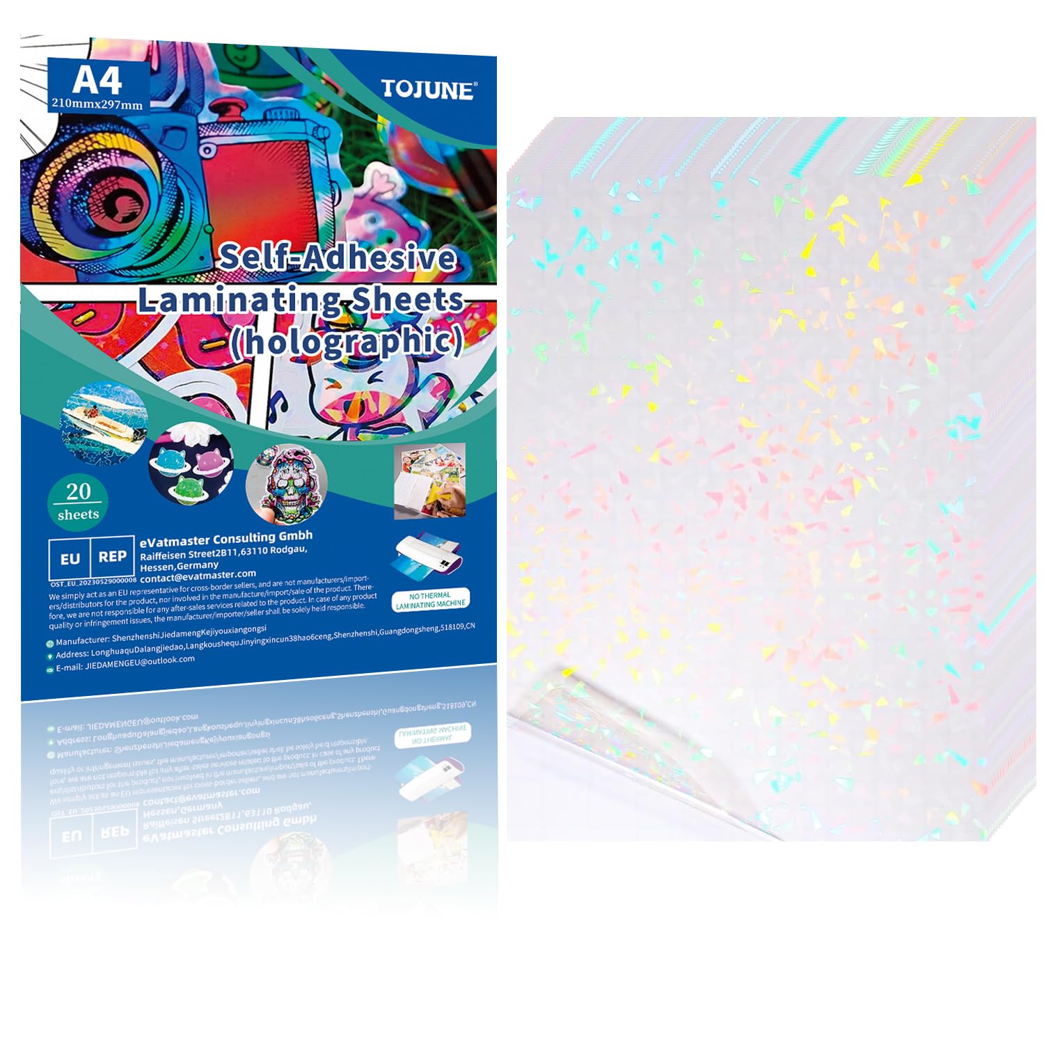 Papel Adhesivo Holográfico A4 50mic, Película Transparente Impermeable de Laminado en Frío para Fotos, Tarjetas de Visita, Documentos, 20 Piezas (Vidrio Roto)