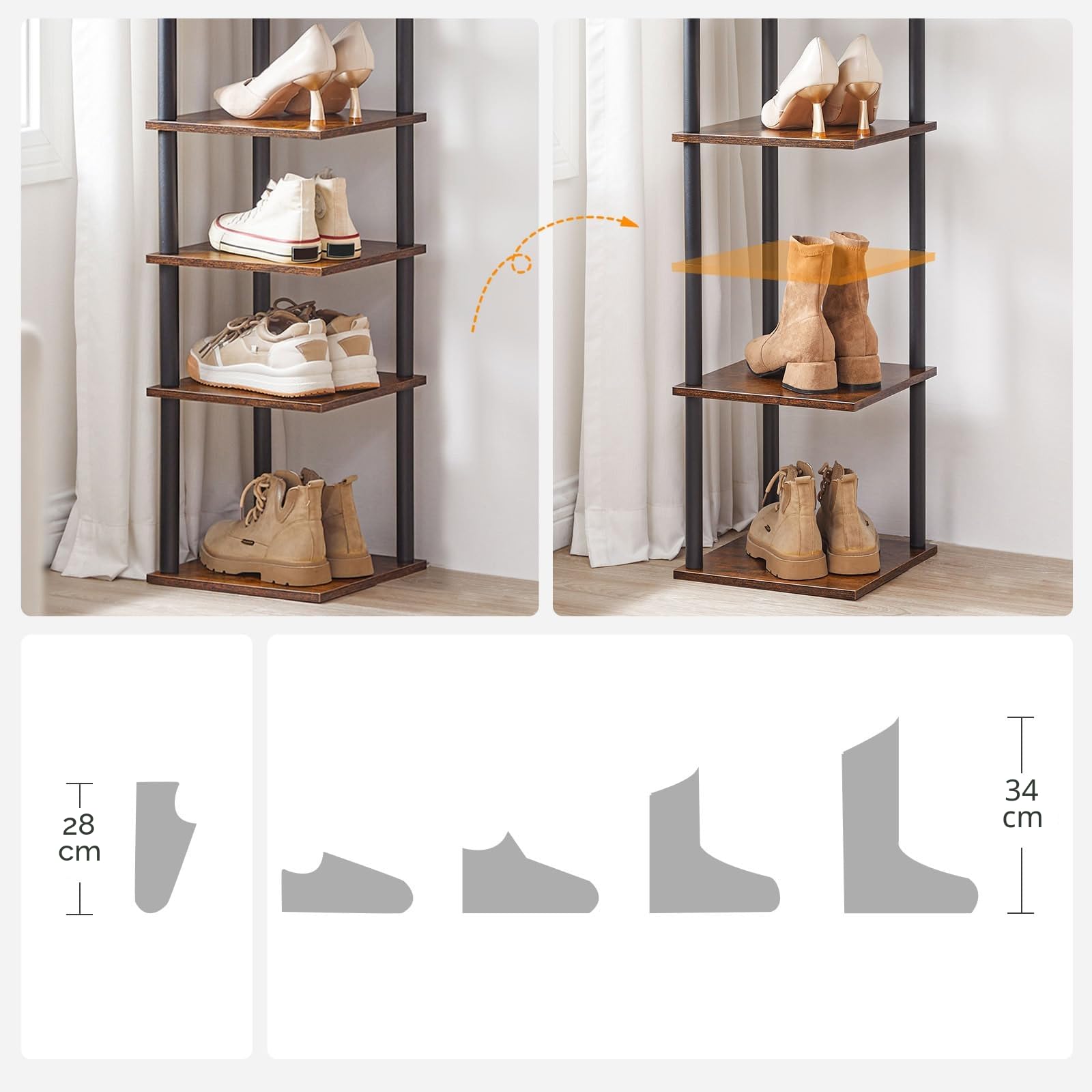 HOOBRO Schuhregal, 8-lagiges Eckschuhregal, schmales Schuhablage, Schuhschrank, Schuhständer, Flur, Schlafzimmer, Dunkelbraun-Schwarz EBF22XJ01