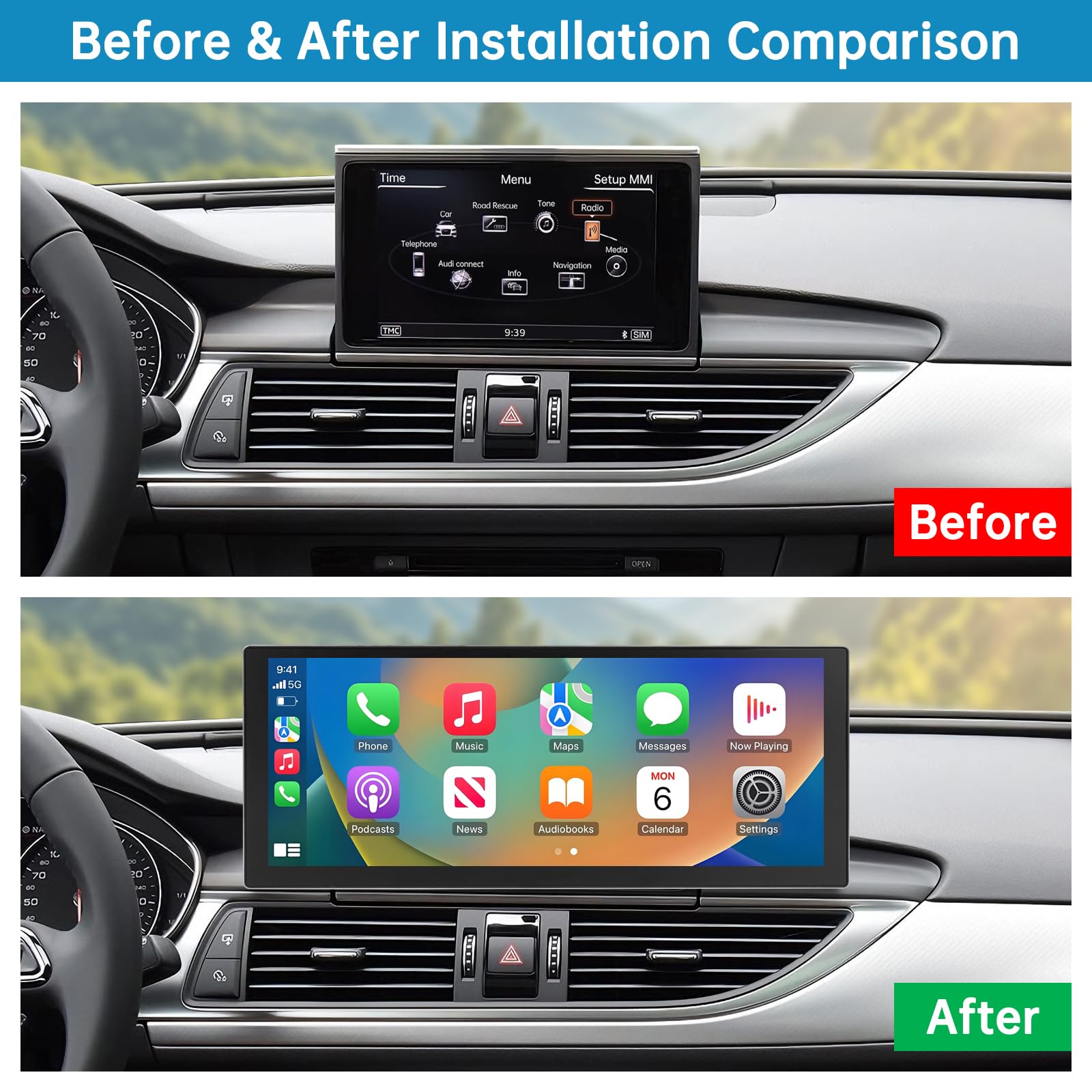 Radio samochodowe 10,25 cala, CarPlay/Android Auto/Mirrorlink/nawigacja do Audi A6 z lat 2016-2018 z systemem MIB, ulepszony ekran dotykowy