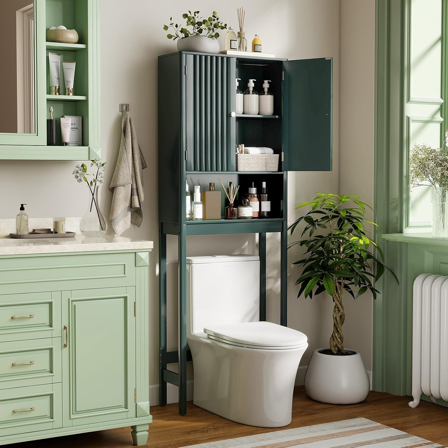 Giantex Over The Toilet Storage Cabinet, Bathroom Organizer w/Fluted Doors, Adjustable Shelf&Bottom Bar, Open Storage Cube, Space-Saving Above Toilet Storage Cabinet for Laundry (Forest Green)