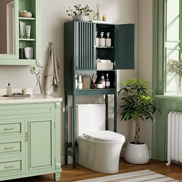 Giantex Over The Toilet Storage Cabinet, Bathroom Organizer w/Fluted Doors, Adjustable Shelf&Bottom Bar, Open Storage Cube, Space-Saving Above Toilet Storage Cabinet for Laundry Forest Green