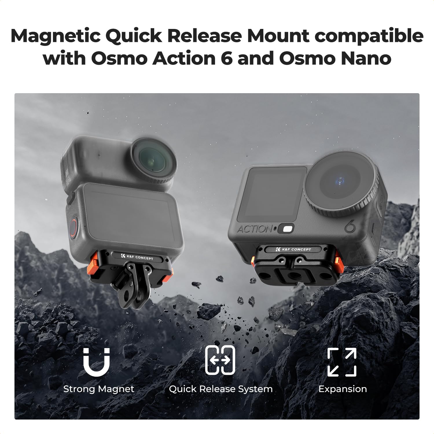 K&F CONCEPT Klatka na kamerę + magnetyczny adapter Mount do DJI Osmo Action 6, obudowa ochronna z ramą rozszerzającą i uchwytem na stopkę, aluminiowa obudowa ze śrubą 1/4", kijek do selfie