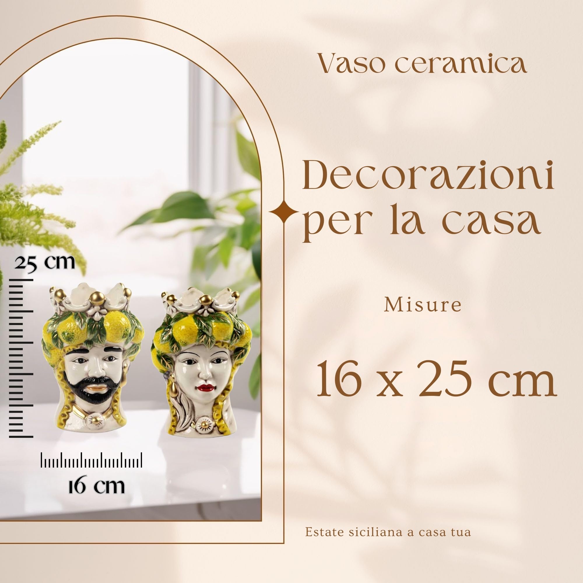 Teste di Moro Coppia Re e Regina Caltagirone Grandi 16X25 cm, Stile Ceramiche Siciliane, Vaso Testa di Moro in Ceramica