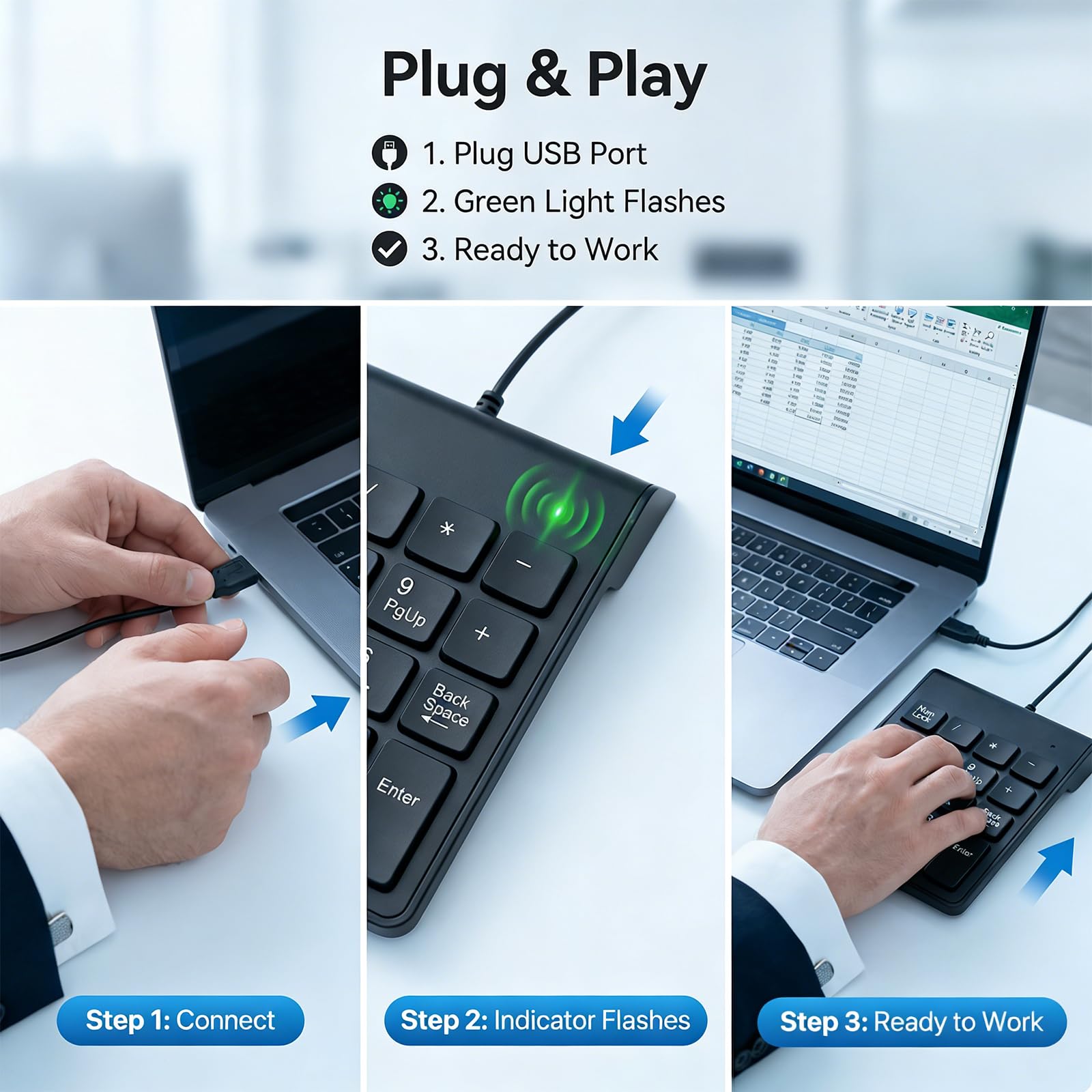 Pavé Numérique Filaire avec Câble USB Intégré, Clavier Numérique 18 Touches Ultra-Fin et Portable, Numpad pour Ordinateur Portable, Notebook et PC de Bureau, Noir