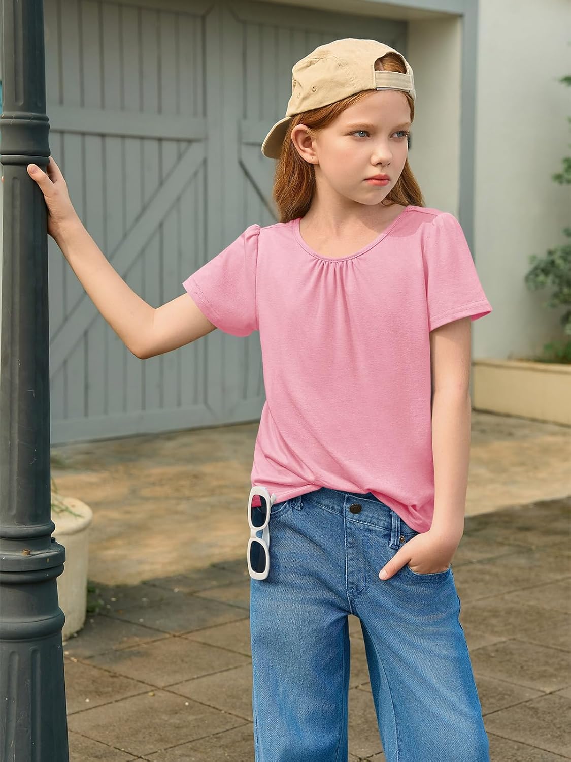 Haloumoning Girls Cross Back Shirts Kids Crewneck Puff Short Sleeve T-Shirt Cute Pleated Tops Tees 5-14 Years - Image 3