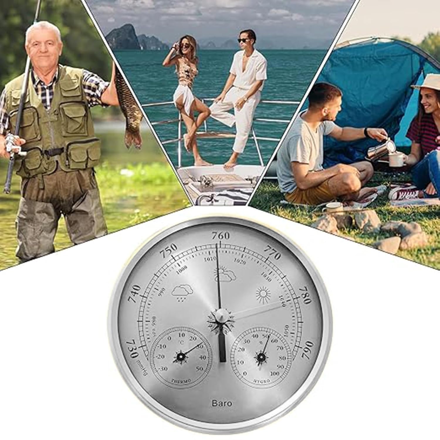 Stainless Steel Environmental Monitor Barometers Thermometers Hygrometer 128mm Diameter Display Large for Fishing(Silver)