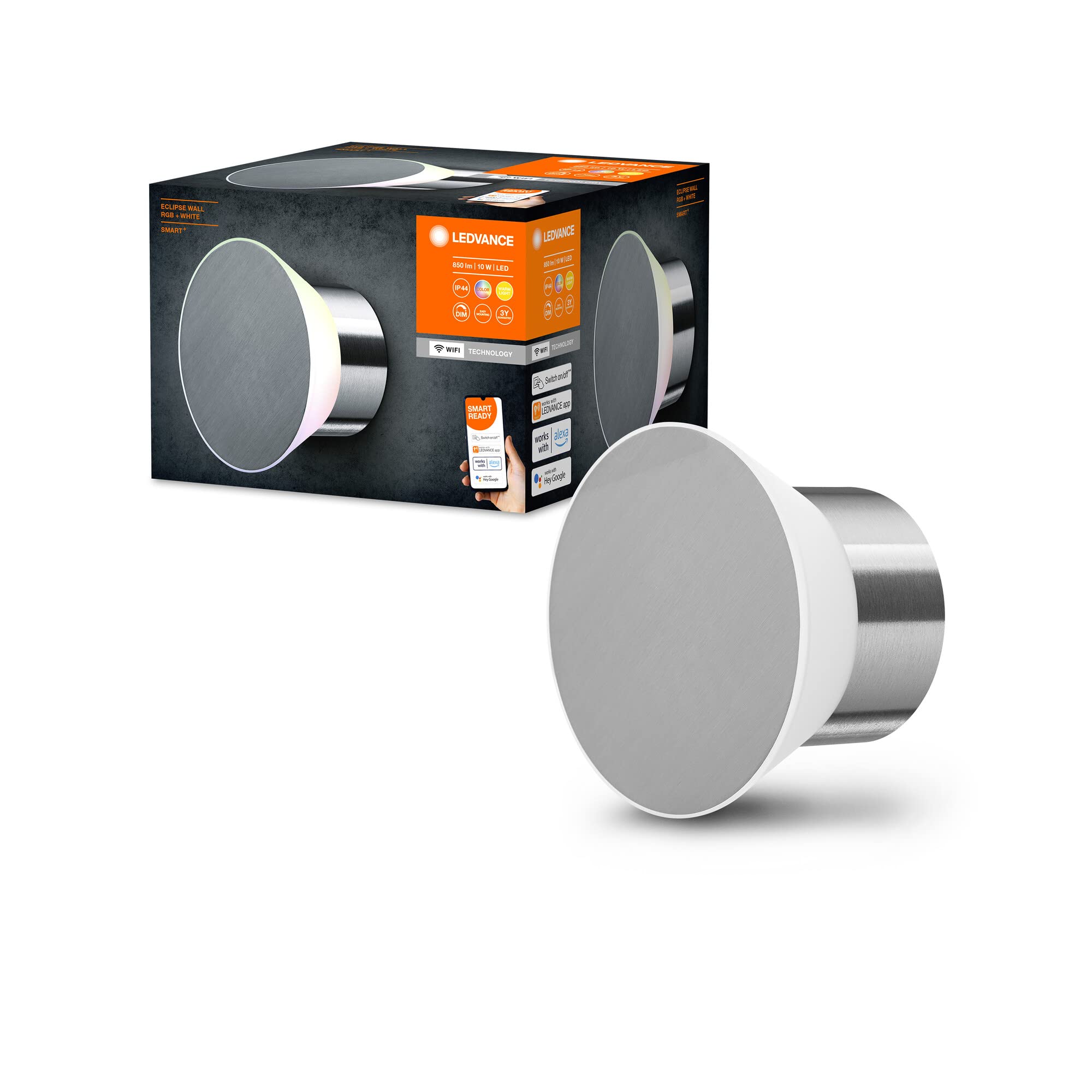 LEDVANCE SMART+ outdoor WiFi wall light 10W 850lm gray, with warm white light (3000K) and 16 million colors, high-quality stainless steel housing, app controllable, compatible with Amazon, Google, etc