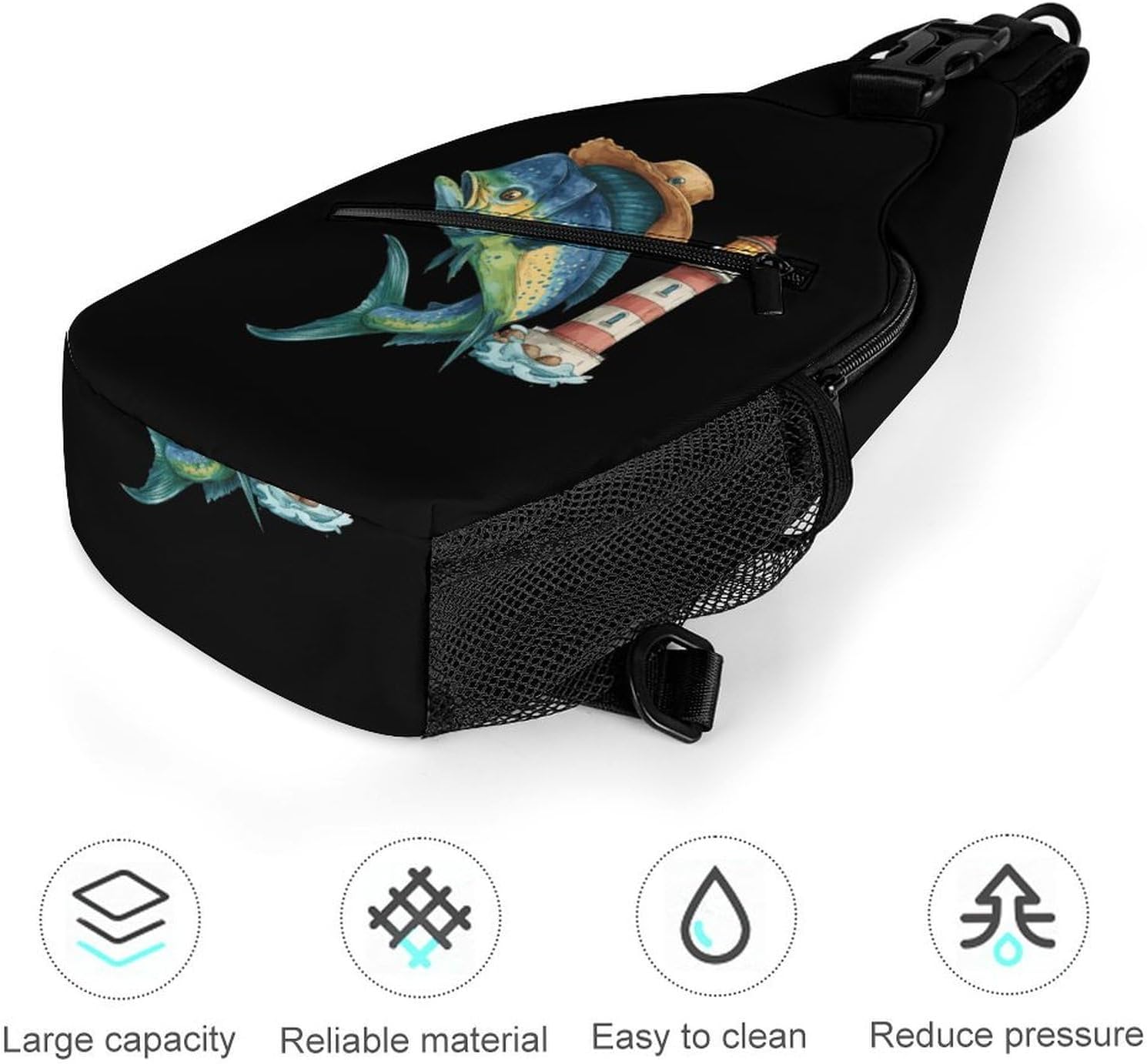 Mahi Tuna Fish Lighthouse Men Crossbody Sling Backpack Chest Bag | Travel Fanny Pack,Hiking Daypack,Print Shoulder Bags