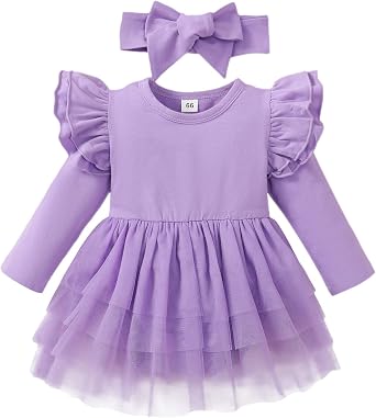 Baby Girls Tulle Romper Ruffle Long Sleeve Tutu Dress 0-18M | Soft Cotton Blend, Bodysuit Tulle Skirt, Snap Crotch, Headband as Bow Hair Tie or Waist Belt, Daily Wear, Party, Holiday