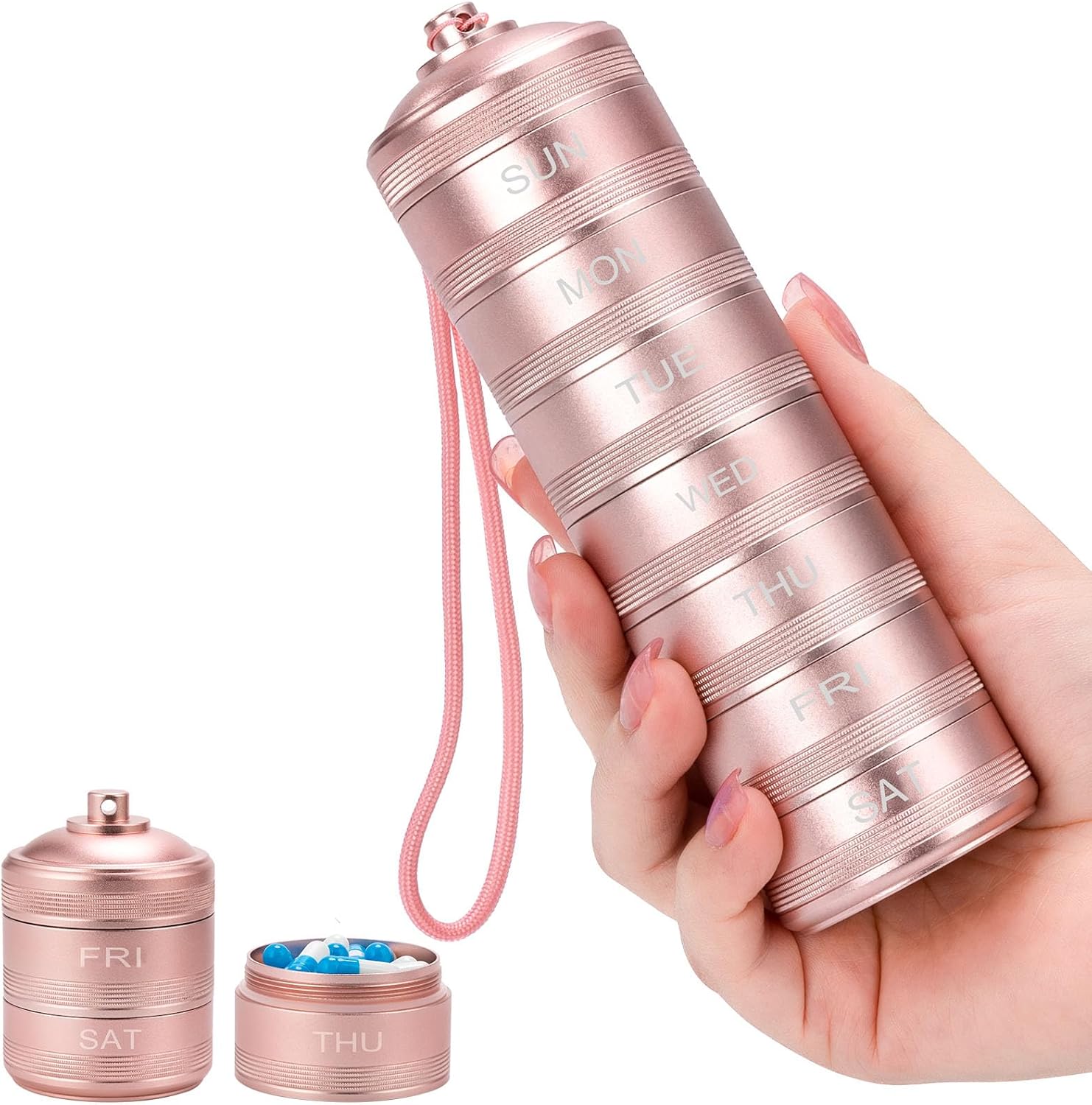 Metal Travel Pill Organizer - 7 Day Waterproof Metal Weekly Pill Box Daily Pill Case, Pill Container for Vitamin Medicine Supplements Fish Oil, Pink Medicine Pill Organizer