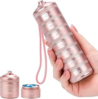 Metal Travel Pill Organizer - 7 Day Waterproof Metal Weekly Pill Box Daily Pill Case, Pill Container for Vitamin Medicine Supplements Fish Oil, Pink Medicine Pill Organizer
