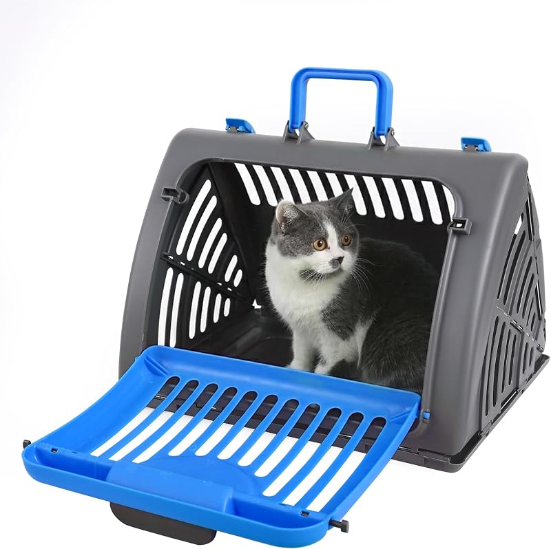 Foldable Portable Pet Carrier, Cat Carrier with Opening Door | Hard-Sided Travel Cat Carrier for Cats & Small Pets up to 25lbs, Blue