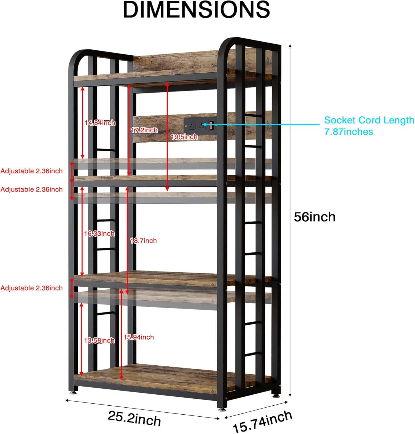 4-Tier Kitchen Baker's Rack with Power Outlet,Free Standing Microwave Oven Cart Stand,Heavy Duty Organizer Rack for Kitchen, Living Room, Dinning Room,Coffee Bar