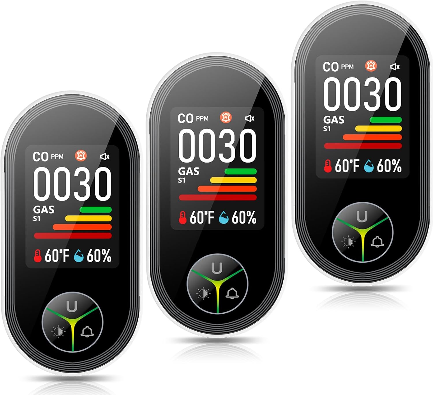 4-in-1 Carbon Monoxide Detectors & Natural Gas Leak Detector Plug in, Combination CO Detector & Combustible Gas, LPG, Methane, Propane Alarm with Fahrenheit(°F) & Humidity(3 Pack)