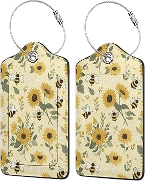 2 Pack Luggage Tags for suitcases Bee Sunflower TSA Approved Label Luggage Tag Baggage Tag Leather Stainless Steel Loop Label Tag for Men Women Travel Bag Suitcase