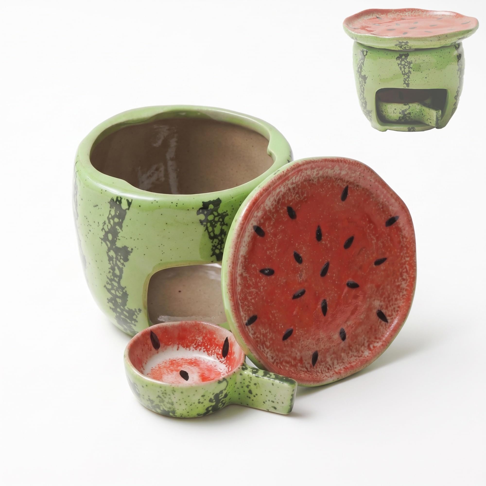 Keramik-Duftlampe im Wassermelonen-Design für Teelichter | Keramik, Teelicht-Betrieb, für Kaffeebohnen, Teeblätter, Duftwachs (Wax Melts), Wassermelonen-Optik, Wohnaccessoire