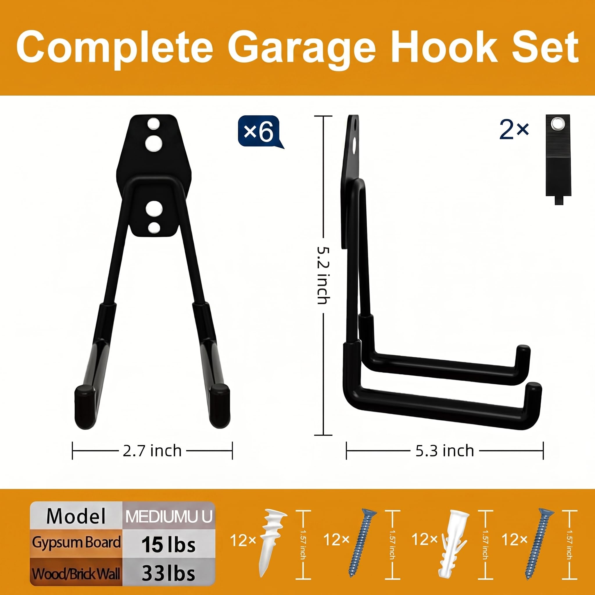 Lot de 6 crochets muraux carrés moyens pour accrocher des échelles, des vélos, des outils, parfaits pour garage, jardin, sous-sol, buanderie (noir)
