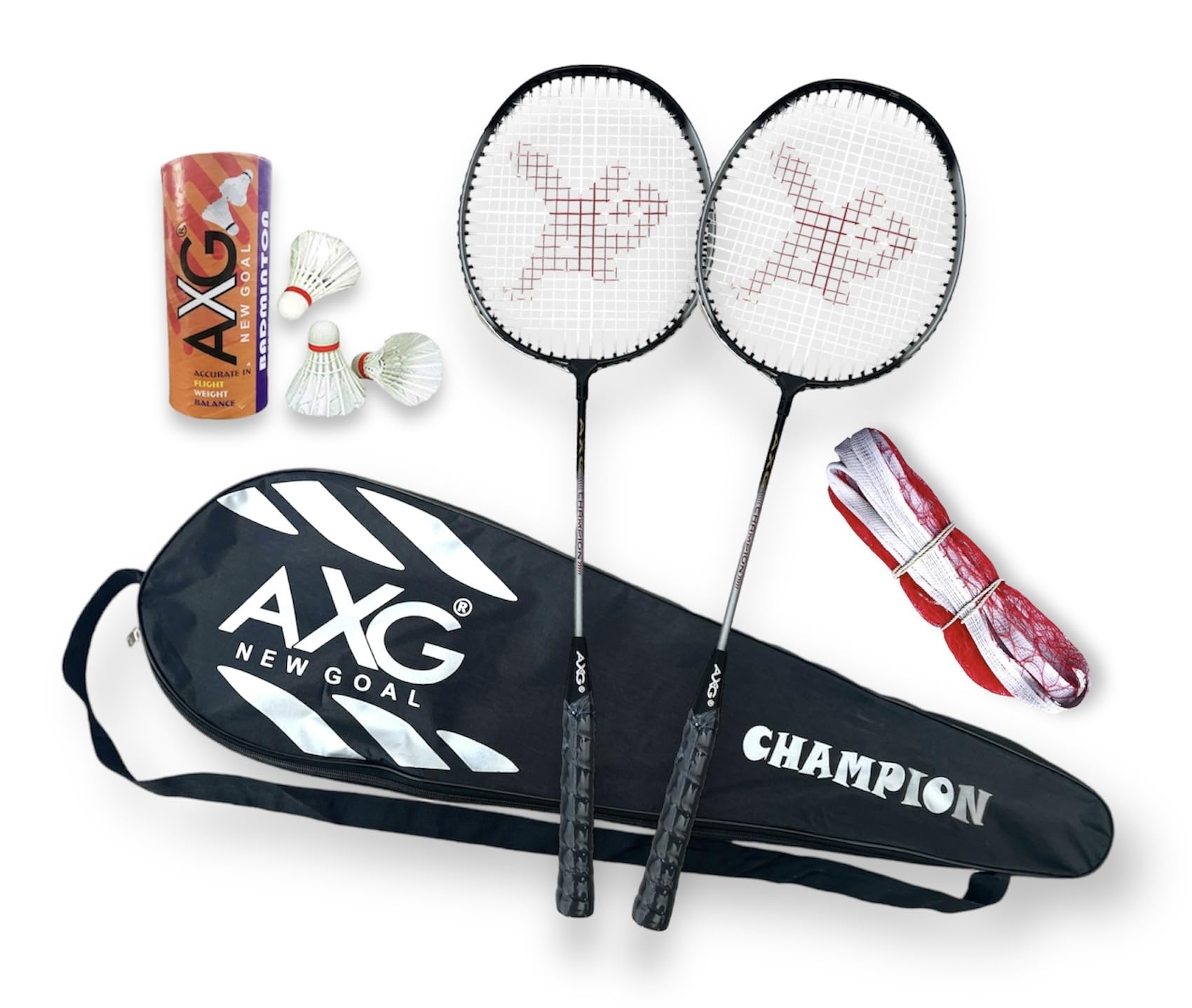 Isometric Champion Tenacious Wide Body Rackets (Set of 2) with Feather Shuttles, Net & Cover Badminton Kit (Black)-picture-32