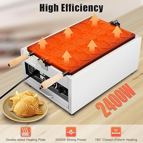 Miniatura 2 de Taiyaki - Máquina eléctrica para hacer gofres de pescado, 2400 W, con revestimiento antiadherente, temporizador inteligente y control de