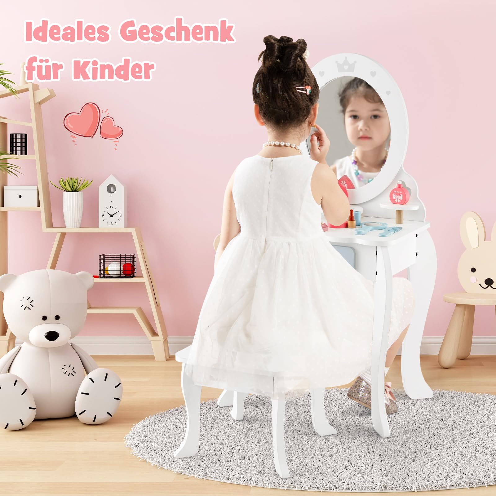 DREAMADE 2 in 1 Kinder Schminktisch mit 10 TLG. Spielzubehör und Hocker, Prinzessin Frisiertisch mit Schublade & 3 Ablagen, Kinderschminktisch aus Holz für Mädchen ab 3 Jahren, weiß