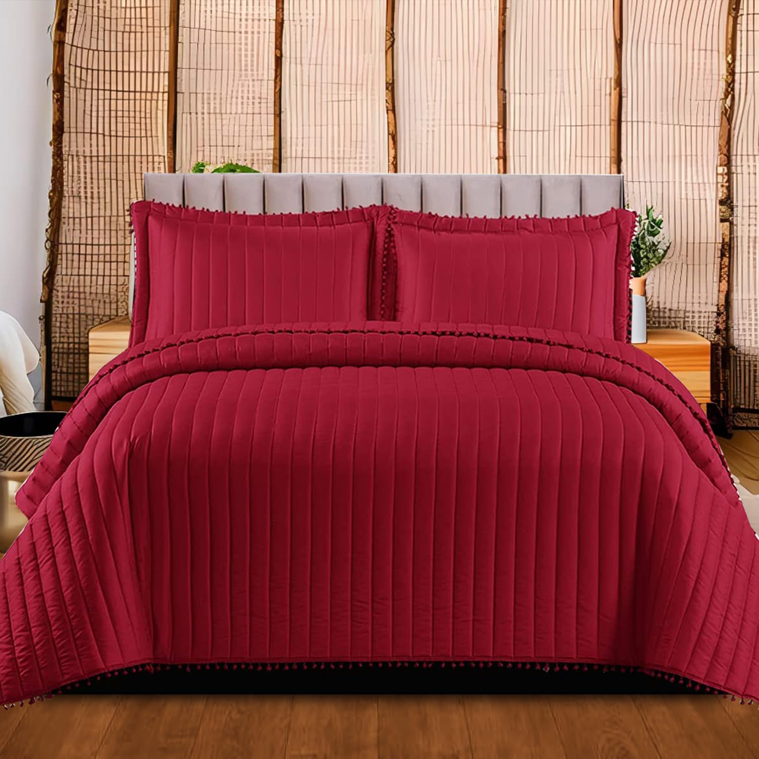 Quilted Bedspread Single Bed Throw with Matching Pillow Cases - Beautiful Pom Pom Bedspread Reversible Embossed Patterned Quilt Coverlets Bedding Set Red