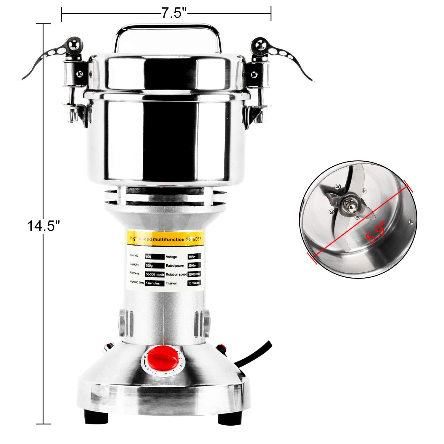 Molinillo eléctrico de grano de alta velocidad de 17.64 oz, molinillo de polvo, molinillo de hierbas de especias, 2500 W, 70-300 malla, acero inoxidable de 36000 rpm, grado comercial para 2