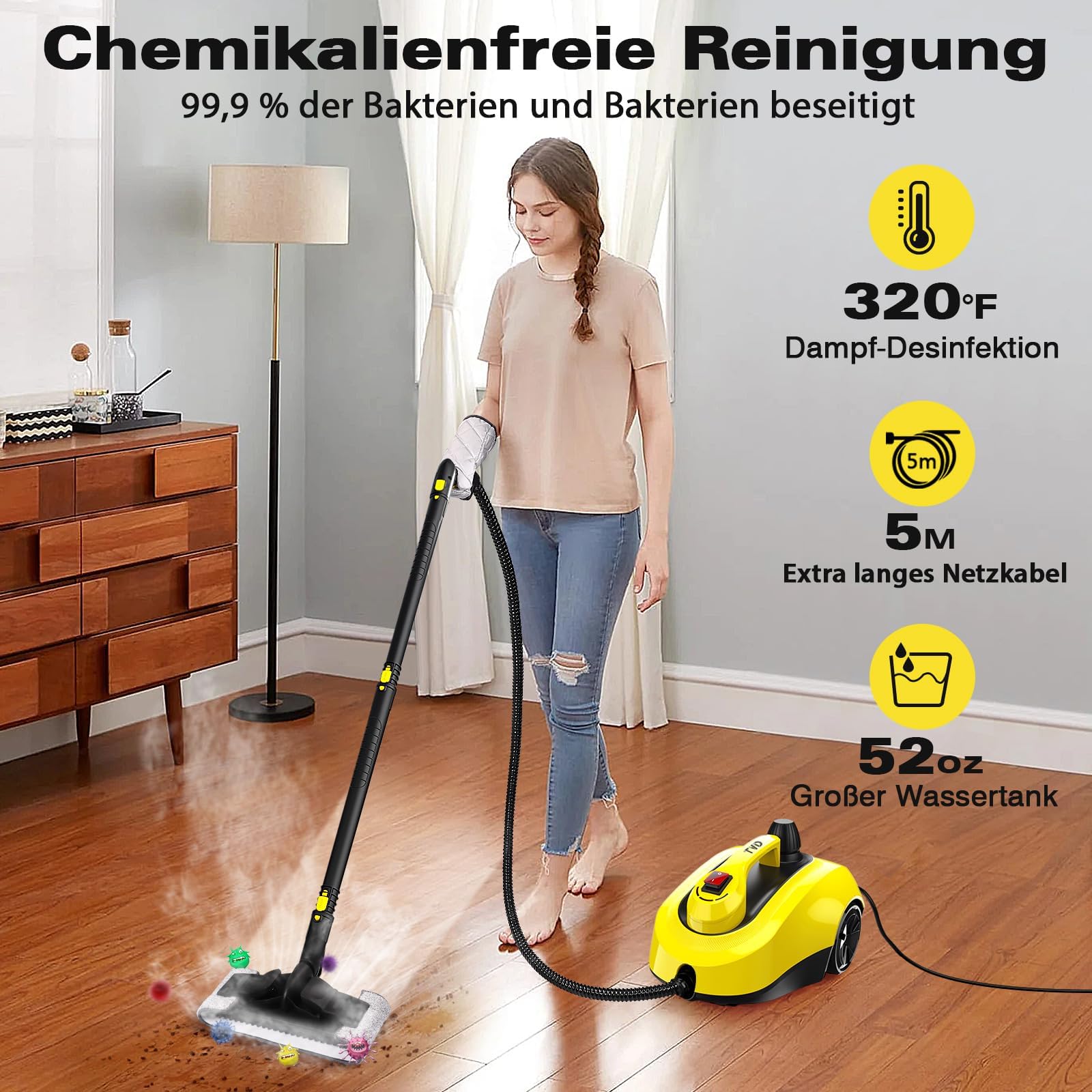 TVD Dampfreiniger, Polstermöbelreiniger, mit 5 m extra Langem Netzkabel