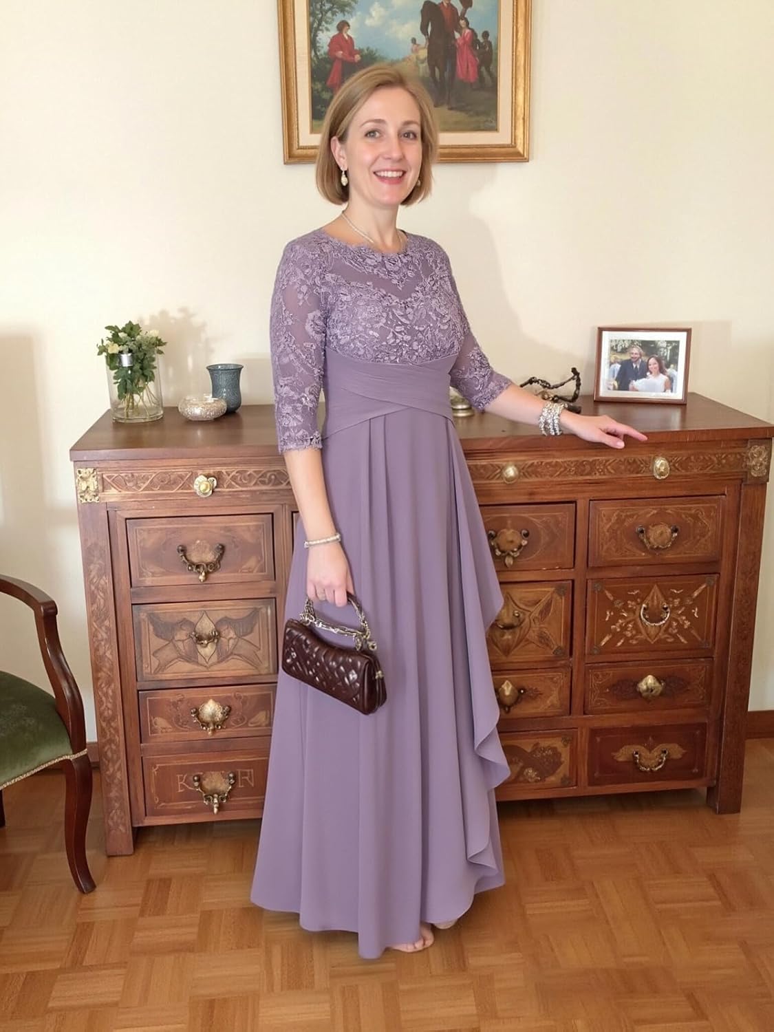 Tea Length Lace Mother of The Bride Dresses Half Sleeve Ruffle Empire Waist Chiffon Formal Evening Dress - Image 5