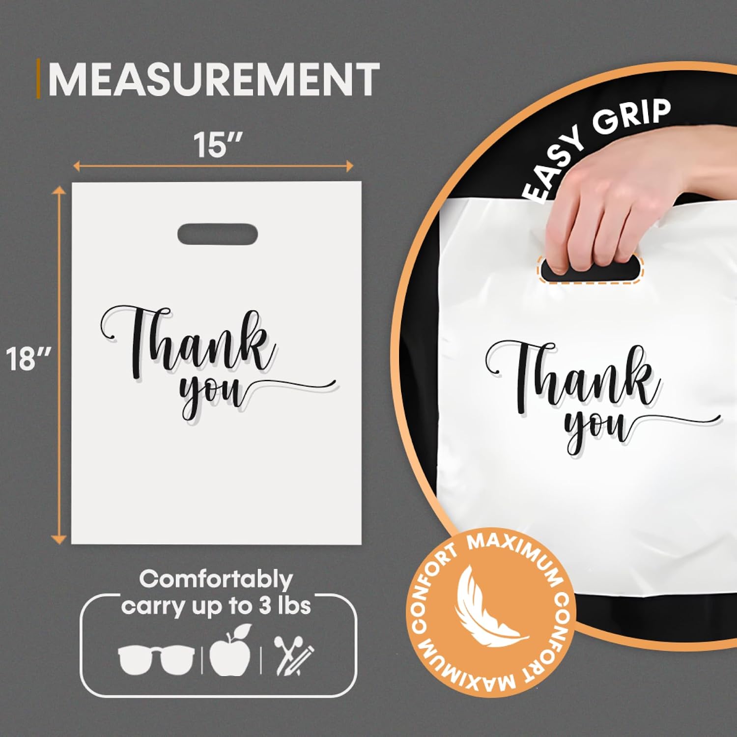 THANK YOU MERCHANDISE STORE BAGS, different sizes 9"x12", 12"x15", 15"x18" 1.25 Mil. PACKS of 100/200/500 Retail Product Bags I 100% Recyclable (15x18", White, 100) image 3
