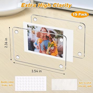 SUNEZLGO 15 Pack Acrylic Fridge Magnetic Frame for Polaroid, 2.36x3.54 In Mini Picture Frames for Fujifilm Instax Mini, Double Sided Photo Refrigerator Magnet Picture Frame Clear Picture Display Frame