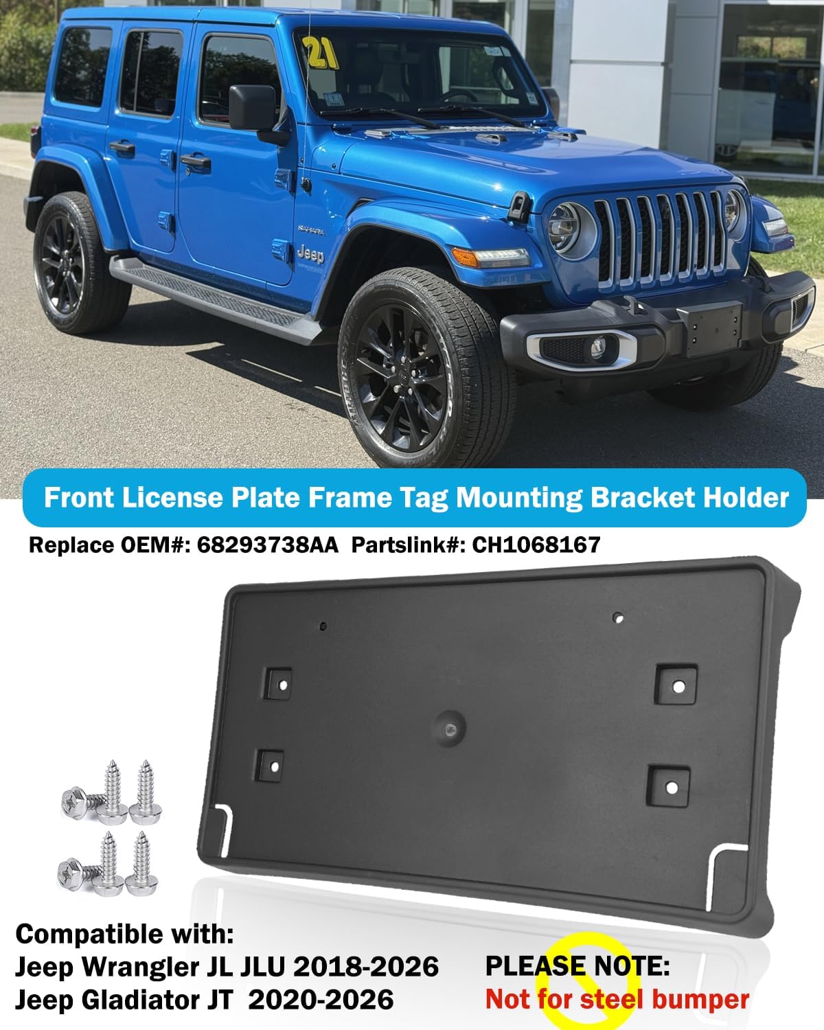 Front License Plate Frame for Jeep Wrangler JL JLU Gladiator JT 2018-2026 (for Plastic Bumper ONLY) Front Bumper License Plate Holder Mounting Bracket Cover Replace# 68293738AA CH1068167