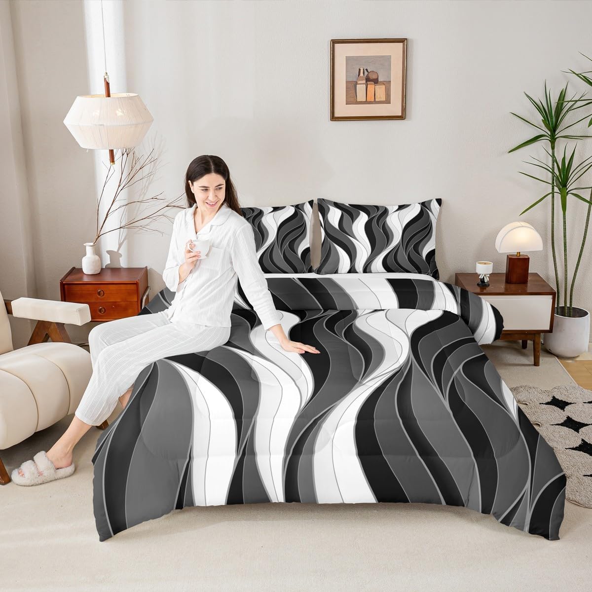 Erosebridal Black and Grey Striped Comforter,3Pcs,Queen Size,Modern Abstract Simple Comforter Set,Contemporary Minimalist Art Style Bedding Set Grey White Waves Stripes Home Decor Lightweight