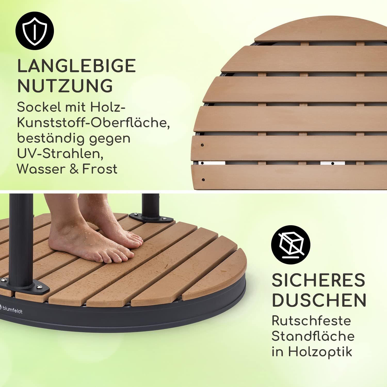 blumfeldt Mobile Gartendusche, Aussendusche für den Garten, Bodendusche mit Verstellbarem Duschkopf, Boden-Gartendusche mit Holz-Optik für Pool & Sauna, Außendusche Wasserdicht, Frost- & UV-Beständig