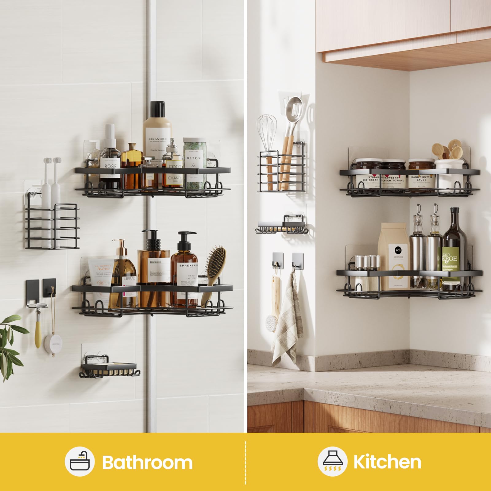 Organizador de ducha esquinero, paquete de 5 accesorios adhesivos de baño con soporte para jabón, estante organizador de ducha de acero inoxidable con 8 ganchos para baño