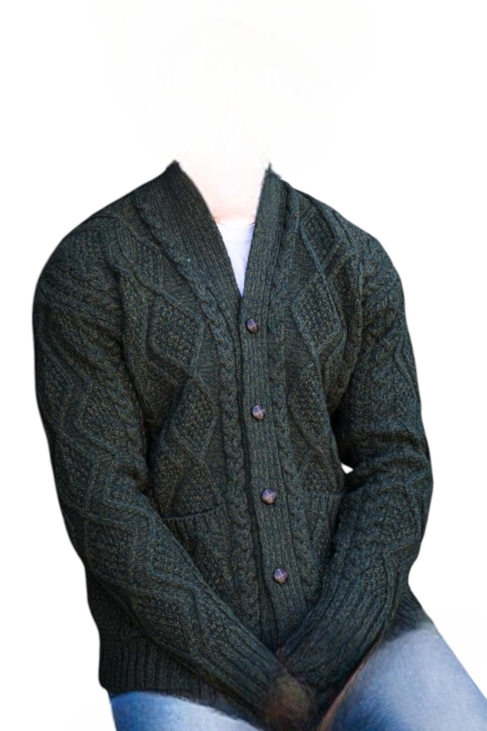 Cardigan da uomo in lana Aran lavorato a maglia con collo a scialle maglione casual con bottoni, Verde militare, L