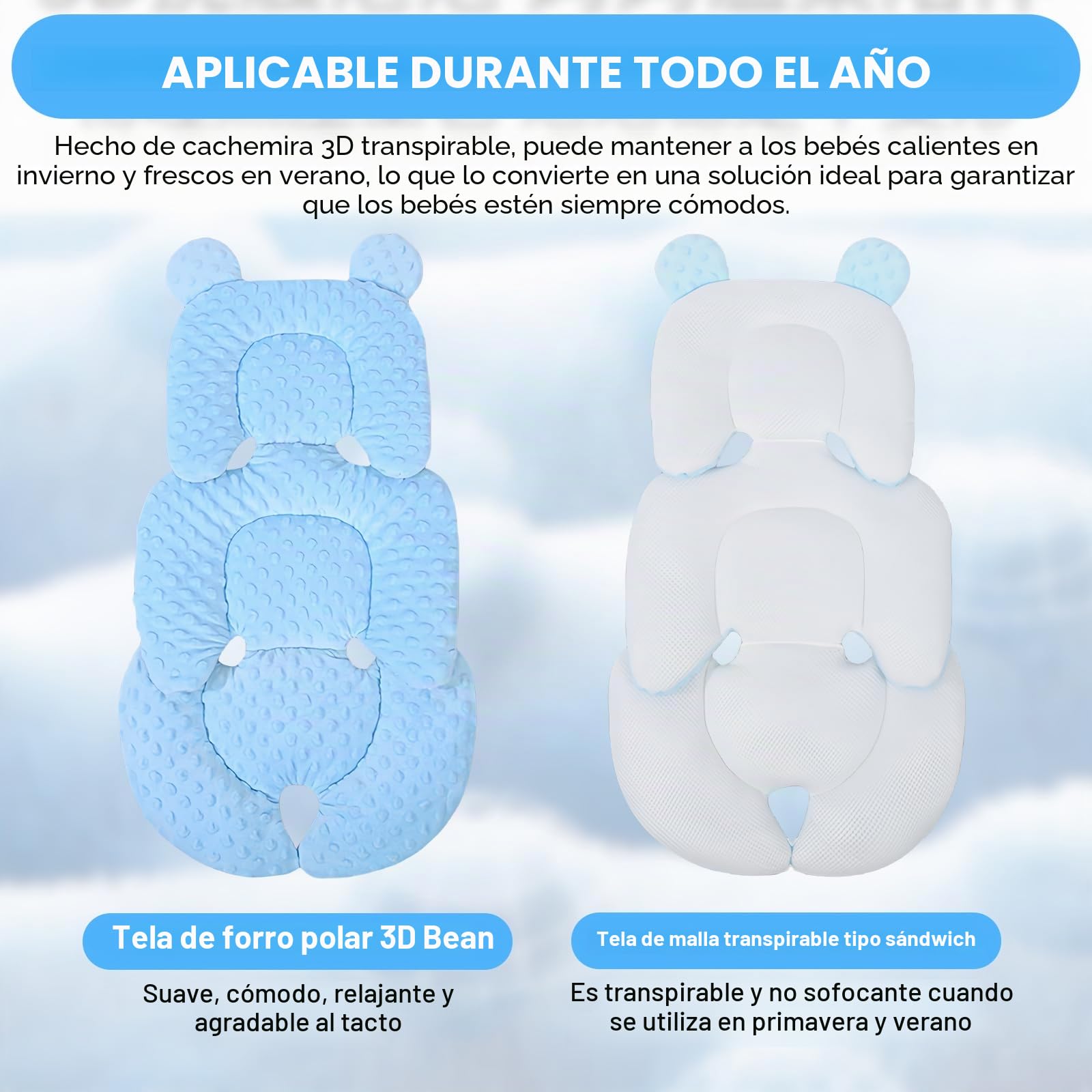 Reductor de asiento para bebé con reposacabezas, suave funda para asiento de coche, transpirable y lavable, color azul