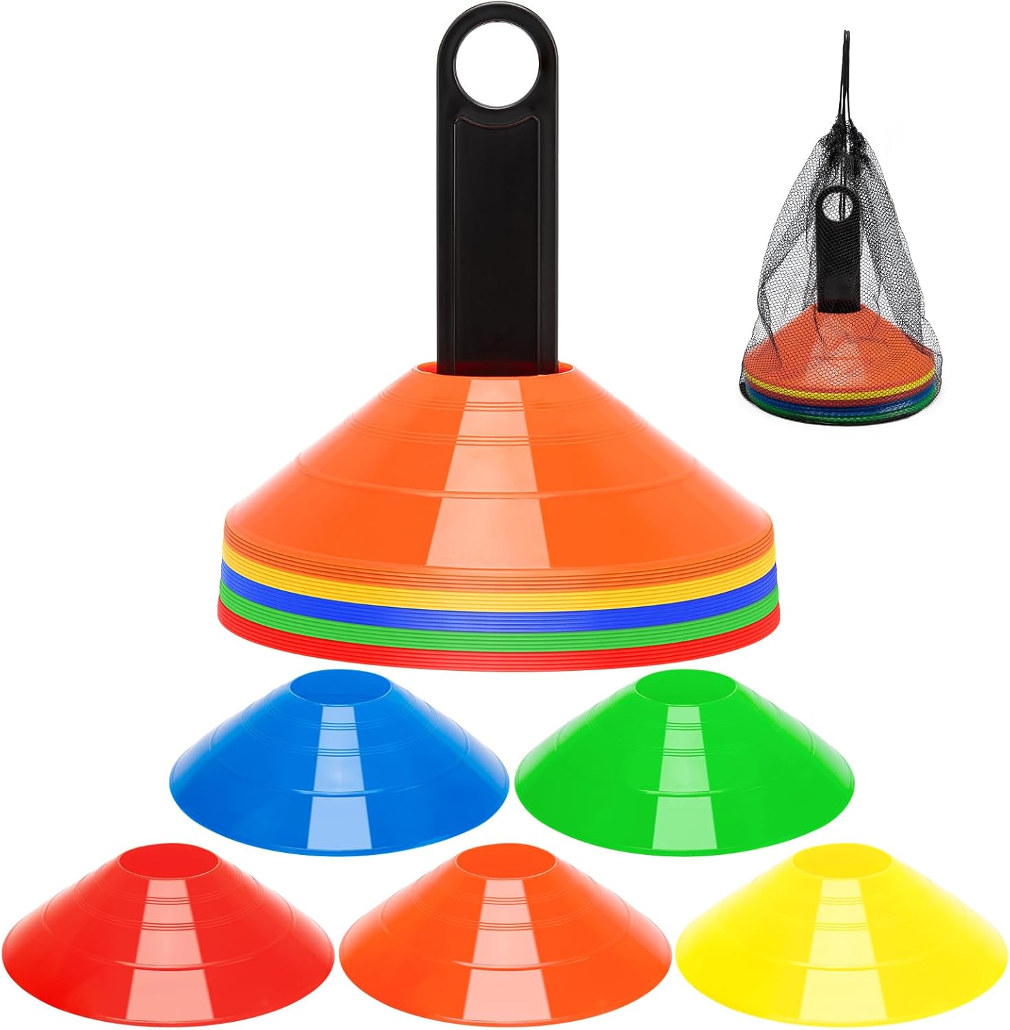 BiAnYC 25 Pcs Pro Disc Cones - 5 Colors Agility Soccer Cones with Carry Bag and Holder for Training, Football, Kids, Sports, Field Cone Markers (5 Per Color)