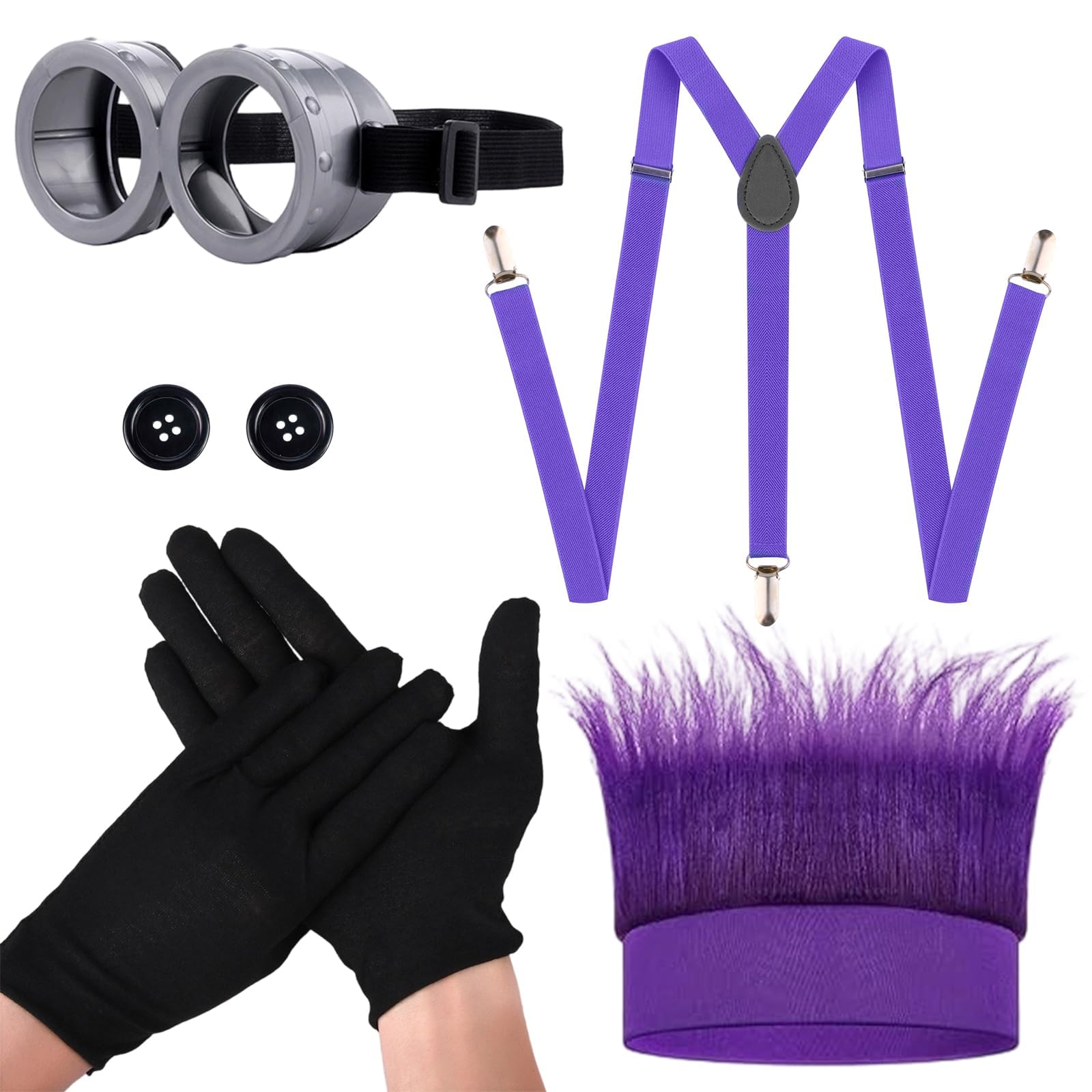 TGKEAIY Purple Costume Set, 5 Pieces World Book Day Carnival Cosplay Outfit, Wig Cap, Goggles, Suspenders, Gloves, Buttons, for Halloween Party Fun