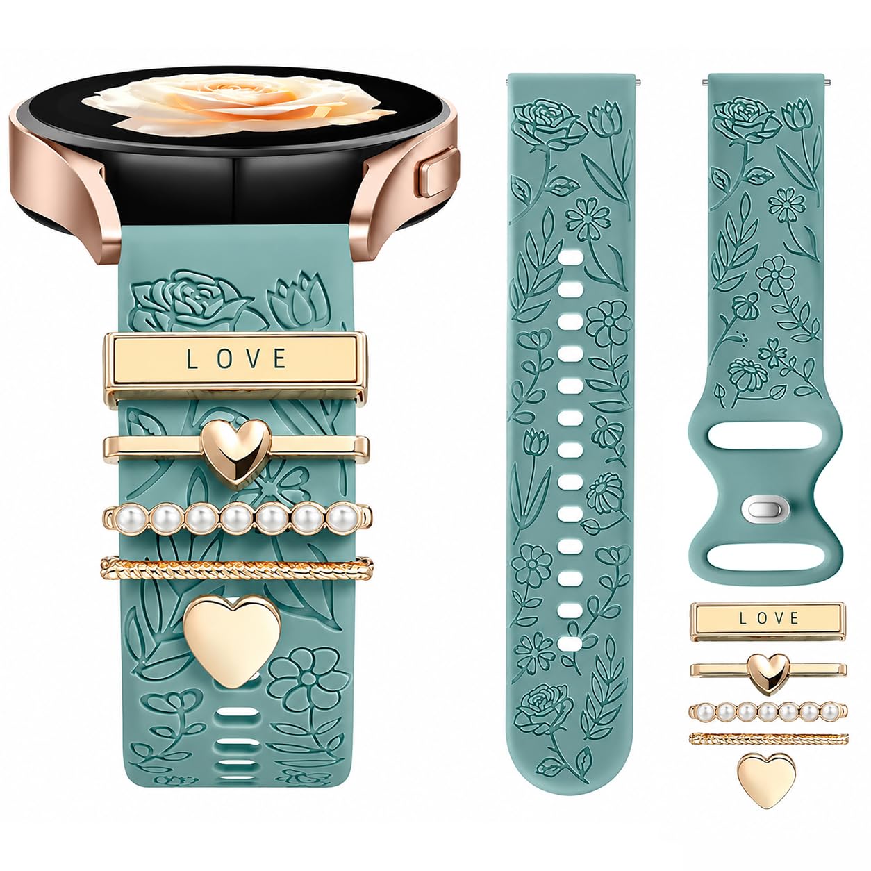ZORBES® Compatible with Samsung Galaxy Watch 7 Band/FE 6 5 4 40mm 44mm, Galaxy Active 2, 20mm Watch Band Floral Engraved Silicone Wristband-image-45