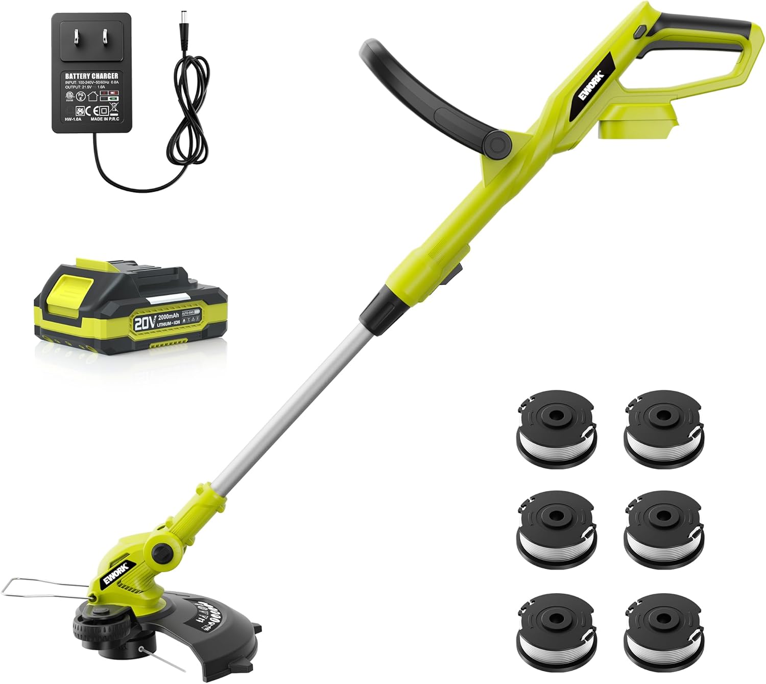 EWORK 20V Cordless Weed Wacker: 12-Inch String Trimmer/Edger with Auto Line Feed, 2.0Ah Battery, Charger & 6 Spools
