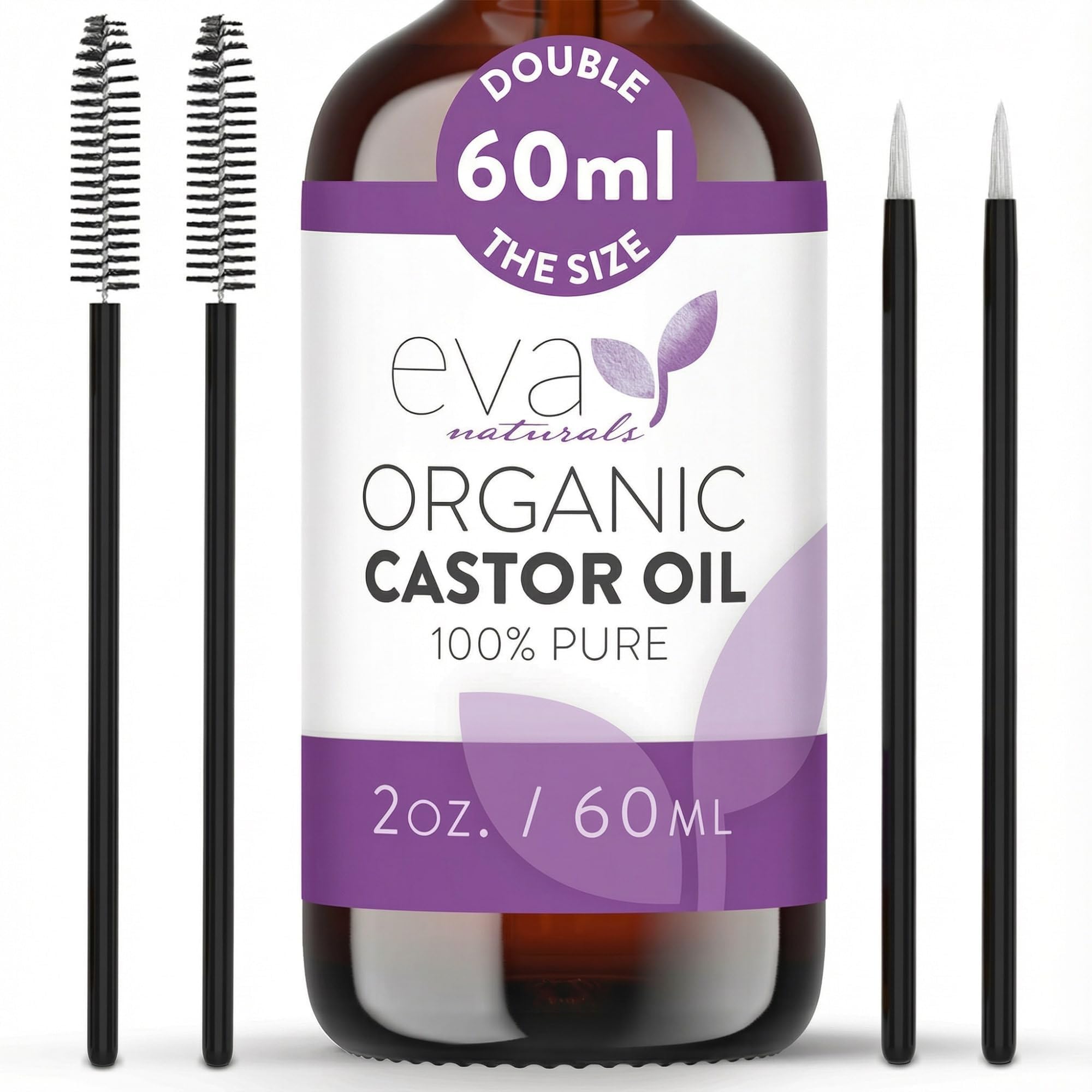 Eva Naturals Organic Castor Oil for Eyelashes, Eyebrows & Hair Growth - Cold Pressed Hexane Free - 100% Pure Oil for Skin Nails Lashes - Nourishes & Strengthens - Includes Mascara Kit & Brushes, 60ml